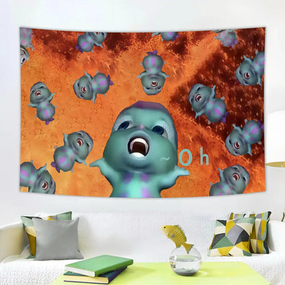 Teal and purple cartoon fantasy tapestry with wide-eyed central figure and smaller creatures on orange background decorbites funny cartoon