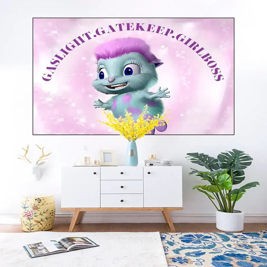 A vibrant pink cartoon fantasy tapestry featuring a purple-haired character with blue eyes and gaslight gatekeep girlboss text decorbites funny cartoon