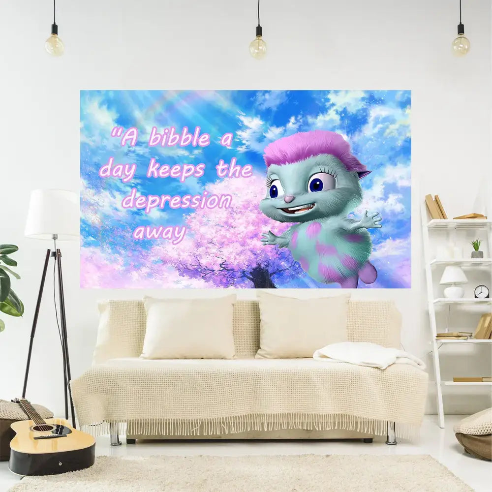 A vibrant rectangular cartoon fantasy tapestry with a pink-haired character and purple spots for bedroom decorbites decor