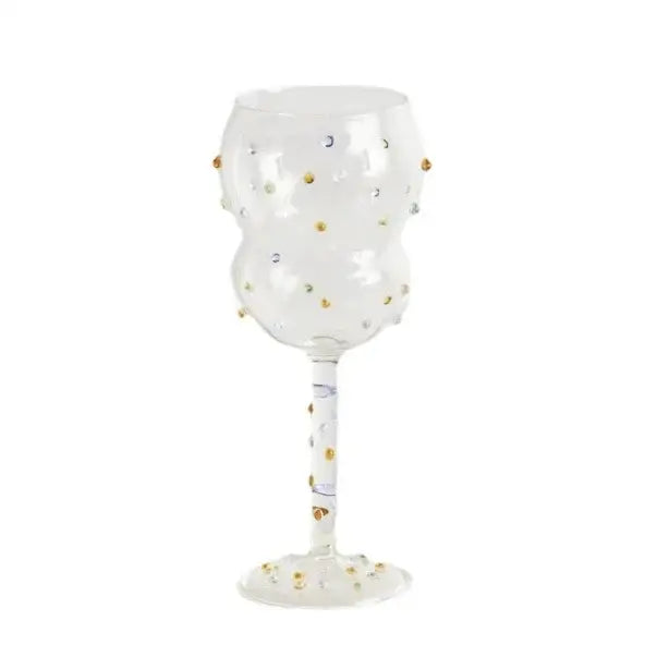Clear glass gem spark coupe goblet adorned with gold and silver metallic dots from decorbites gem spark set