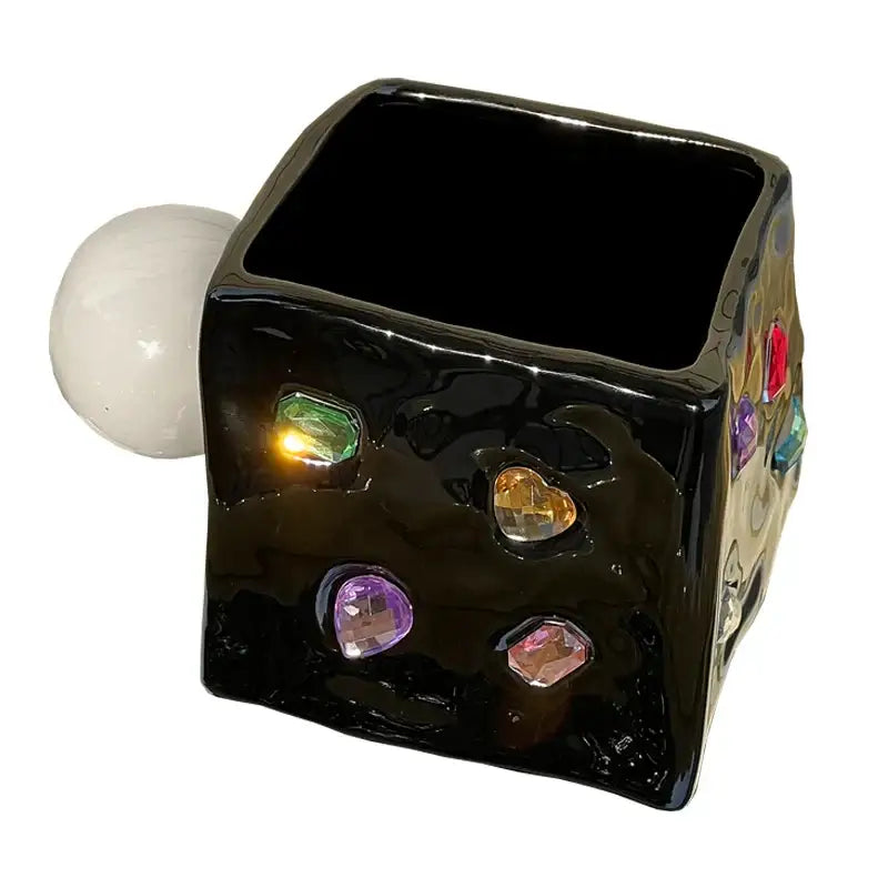 Black ceramic square planter with colorful faceted gemstone accents in diamond ceramic design for kitchen succulents