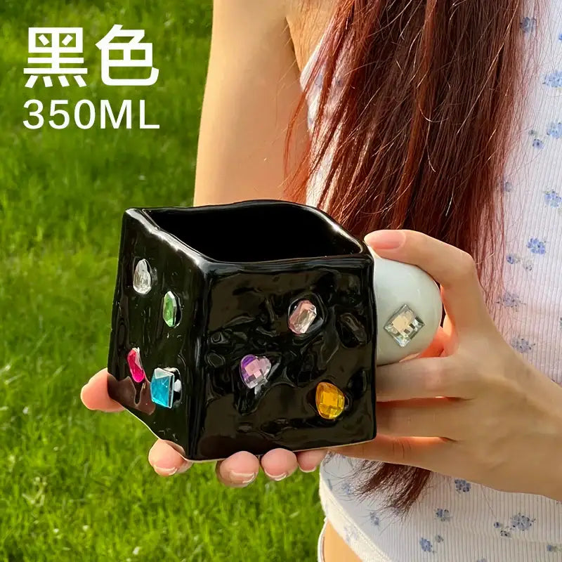 Black ceramic square planter with colorful gemstone embellishments 350ml capacity diamond ceramic square design