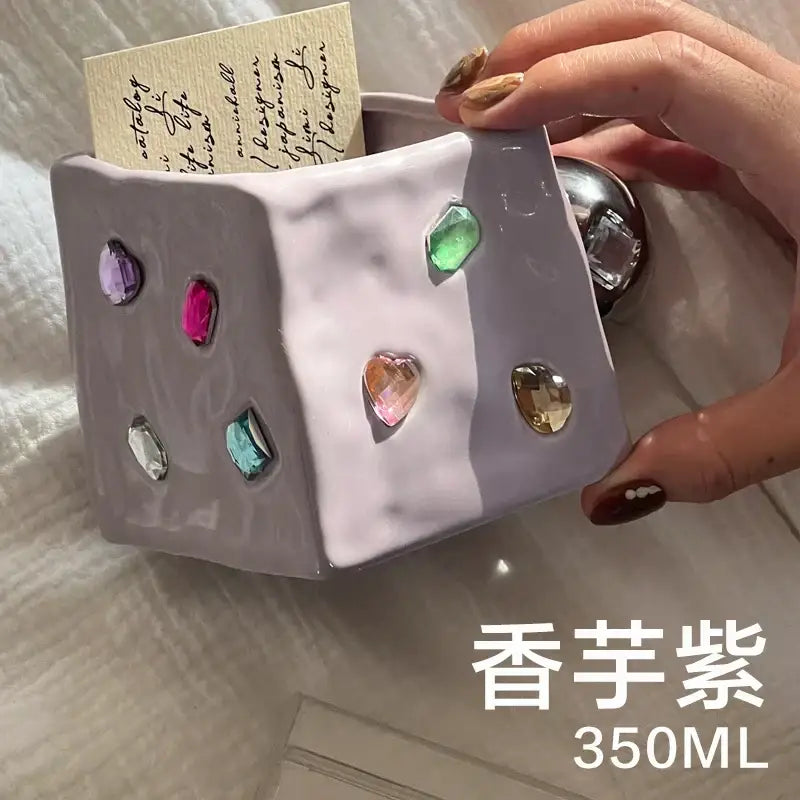 Lavender diamond ceramic square planter adorned with colorful faceted gemstone embellishments for succulents