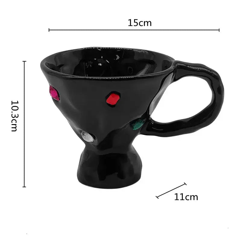 Black ceramic gemstone setting breakfast mug with glossy finish and red green and clear gemstones decorbites setting ceramic