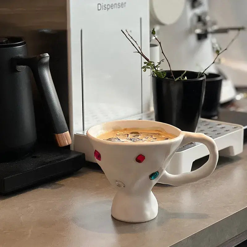 White ceramic coffee cup with colorful gemstone accents from decorbites gemstone setting ceramic breakfast mug 3-pack