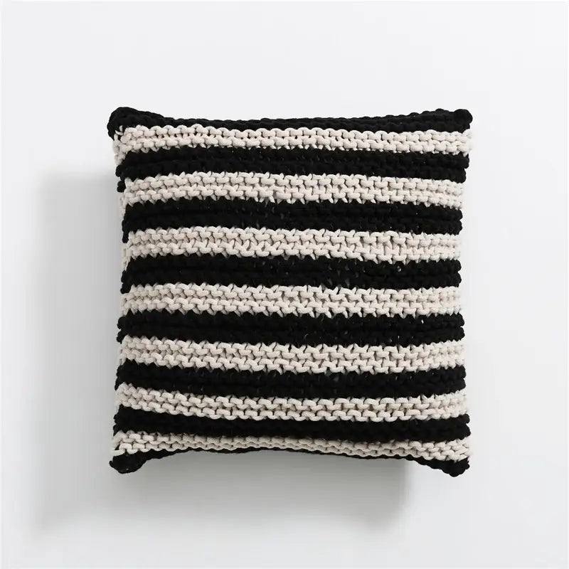 Black and off-white striped knitted geo knit stripe square pillow for bedroom decor by decorbites geo knit
