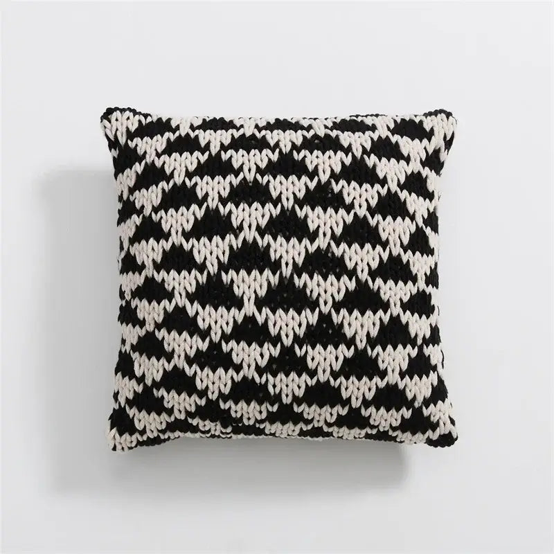 Black and white knitted square pillow with geo knit stripe zigzag pattern for decorbites geo knit decor