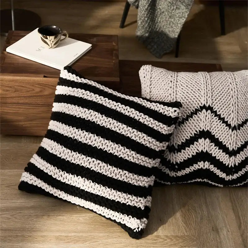 Black and white striped knitted geo knit stripe square pillow with chunky texture for bedroom decor by decorbites