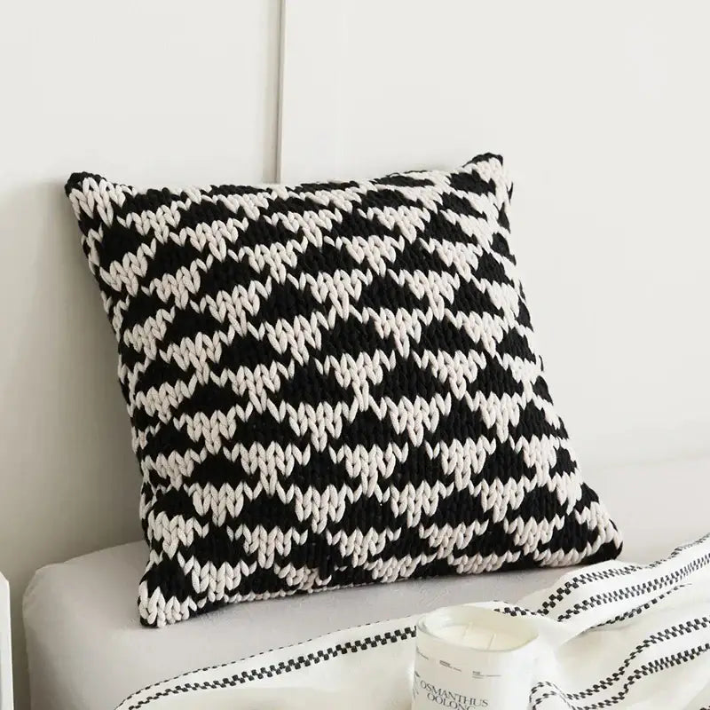Black and white knitted geo knit stripe square pillow with bold zigzag pattern perfect for decorbites bedroom decor