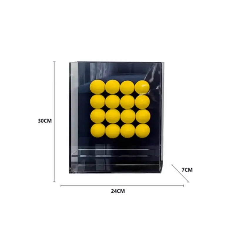 Clear acrylic geometric abstract acrylic ball ornament display case holding bright yellow tennis balls for living room decor