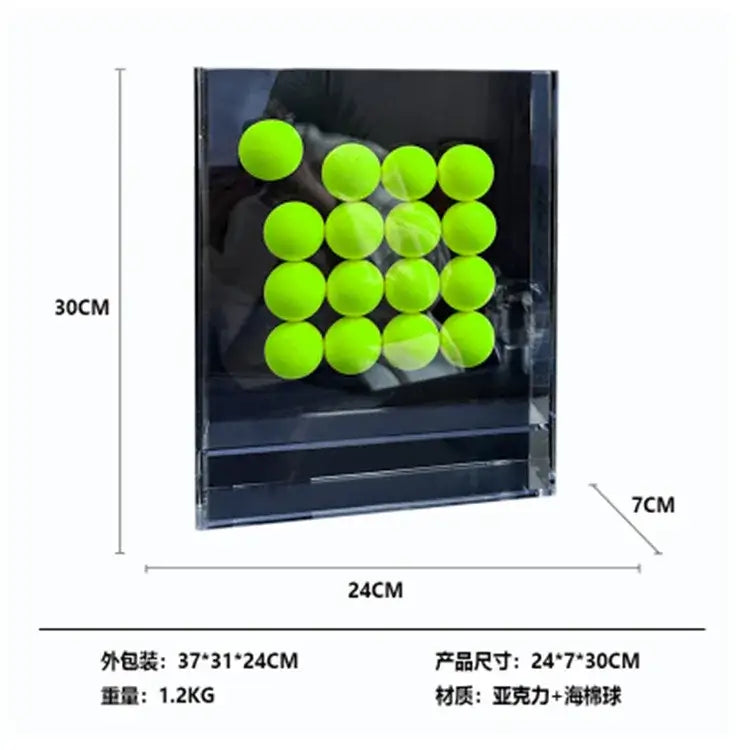 A sleek black geometric abstract acrylic display case with bright neon green acrylic ball ornaments for living room decor