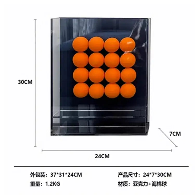 Clear acrylic display box with bright orange abstract acrylic ball ornament for geometric abstract living room decor