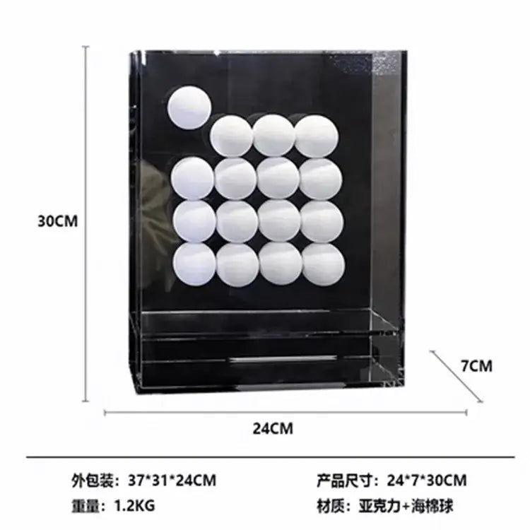 Black geometric abstract acrylic ball ornament display stand holding white acrylic ball ornament for living room decor