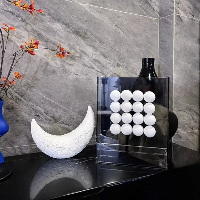 White textured crescent moon-shaped geometric abstract acrylic ball ornament for living room display box decor