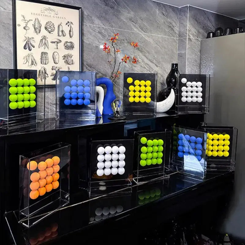 Clear acrylic geometric abstract acrylic ball ornament display cases with colorful golf balls for living room decor