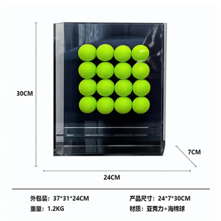 Clear acrylic geometric abstract acrylic display case featuring a grid of neon green abstract acrylic ball ornaments for living room