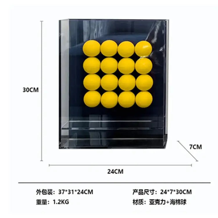 Clear acrylic display case holding bright yellow tennis balls as geometric abstract acrylic ball ornament for living room
