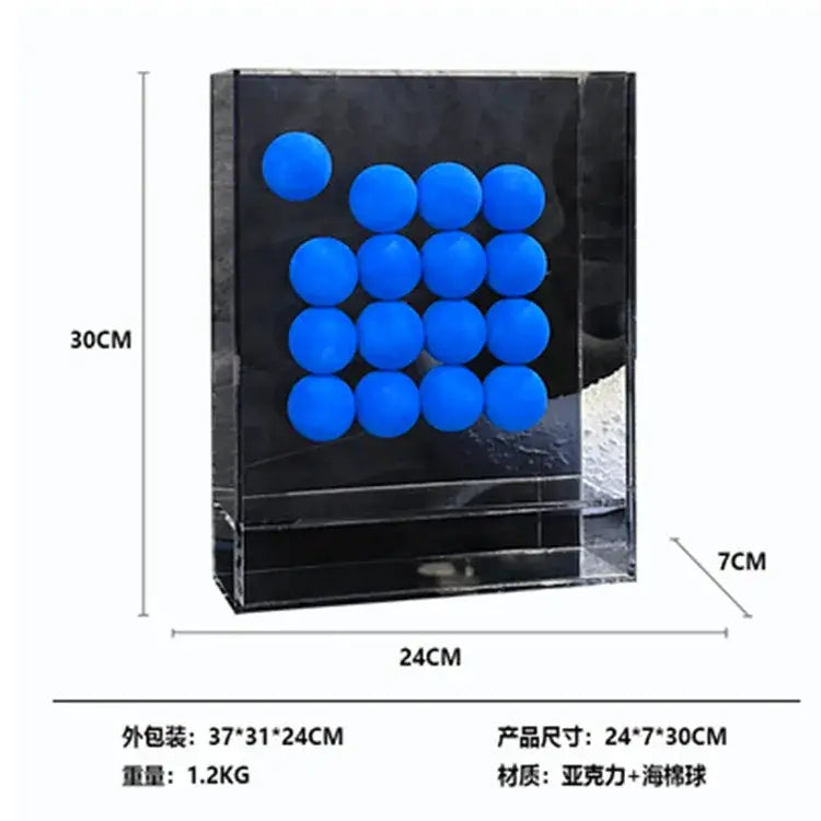 A sleek black acrylic display case holding vibrant blue abstract acrylic ball ornaments in a geometric abstract design