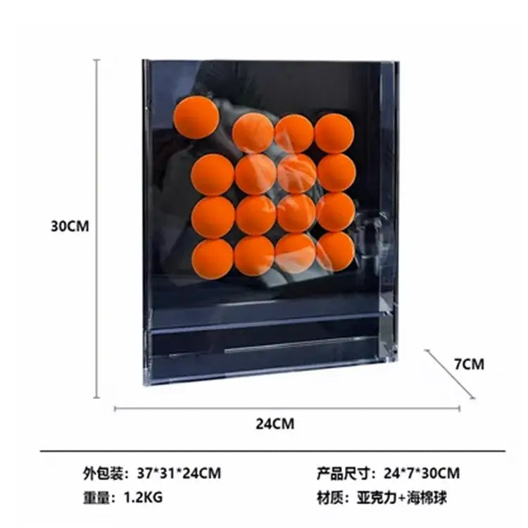Clear acrylic display case with bright orange abstract acrylic ball ornament for geometric living room decor