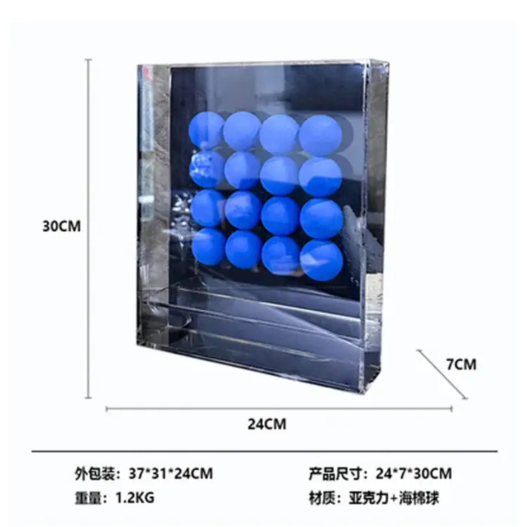 Clear acrylic display case holding a grid of bright blue abstract acrylic ball ornaments for geometric decor