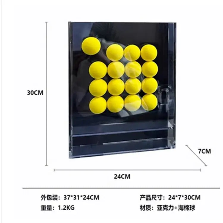 Clear acrylic display case with bright yellow foam tennis balls as geometric abstract acrylic ball ornament for living room