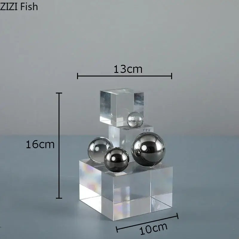 Clear acrylic cube desk ornament with stacked transparent cubes and polished silver ball for decorbites crystal ladder decor