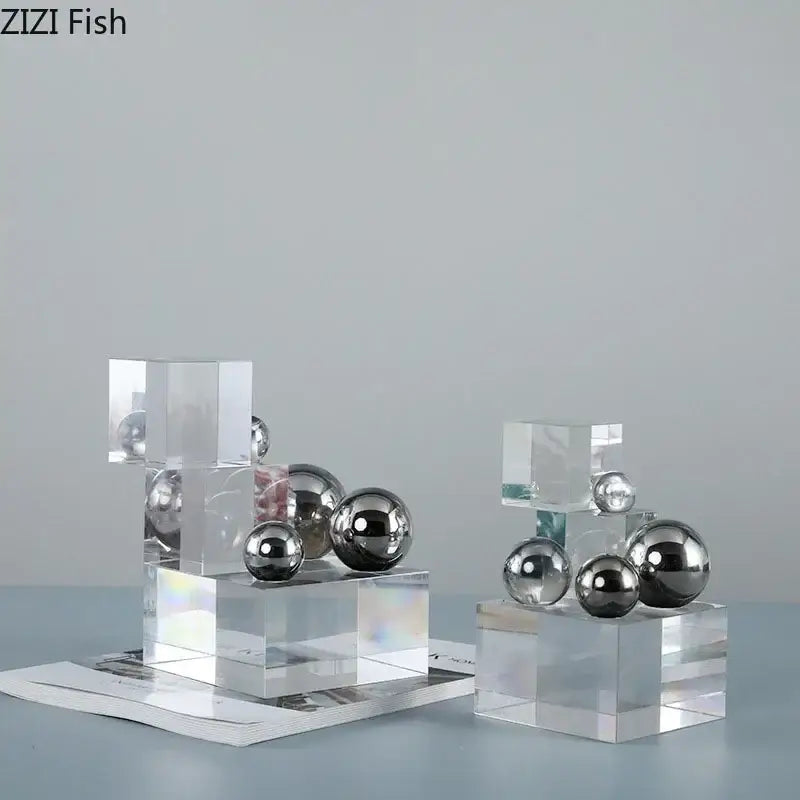Clear acrylic cube display stands with polished chrome silver ball desk ornament for bedroom decorbites crystal ladder decor
