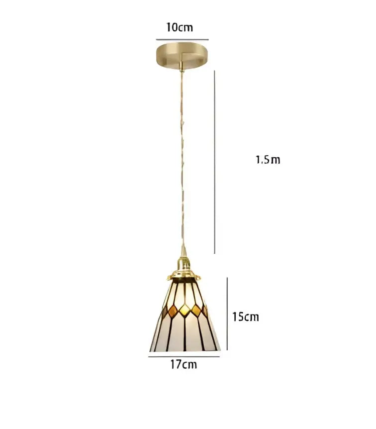 Gold-toned pendant light with amber and cream geometric stained glass shade for dining room glass pendant light