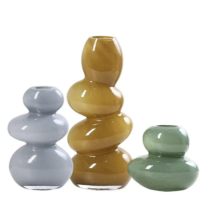 Set of three glossy glass stackable terrarium vases in gray amber and sage green for geometric home decor by DecorBites