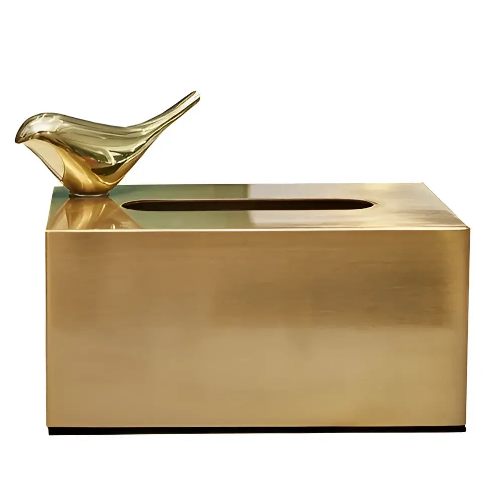Gold-colored metallic tissue box with geometric animal bird figurine decorbites brass color for living room decor
