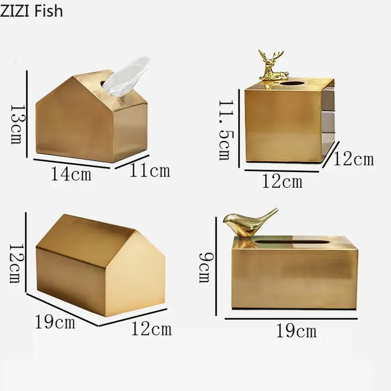 Gold-colored metallic tissue box with geometric animal figurine on top decorbites brass color living room decor