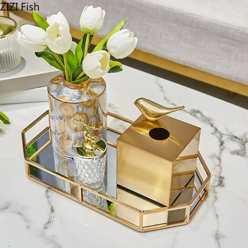 Gold tissue box with geometric animal bird-shaped lid in brass color by decorbites for living room decor
