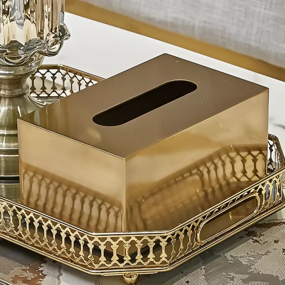 Brass color geometric animal tissue box with polished rectangular design and elongated oval opening for living room decor