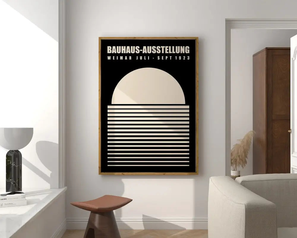 Decorbites™ bauhaus geometric art canvas print in black and white mid century bauhaus poster in light wood frame