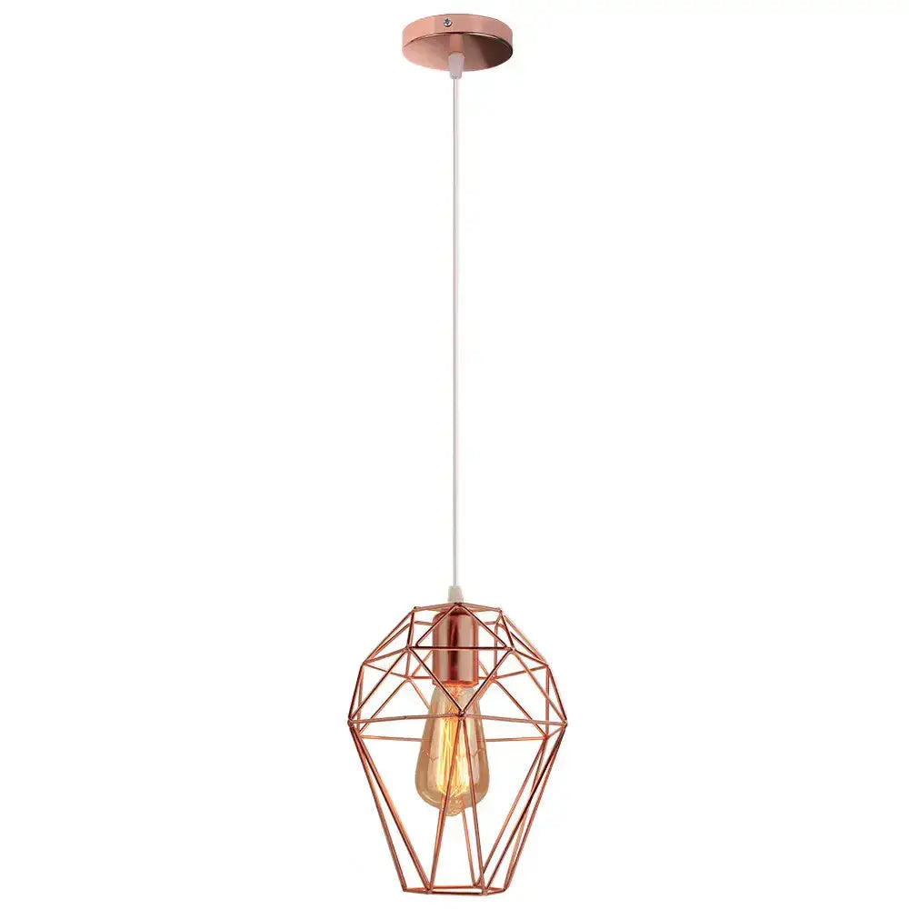 Rose gold geometric cage pendant light with exposed filament bulb for decorbites birdcage diamond ceiling use