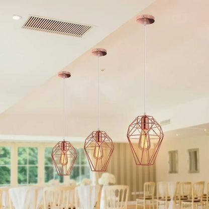 Three rose gold geometric pendant lights with exposed filament bulbs for decorbites birdcage diamond ceiling use