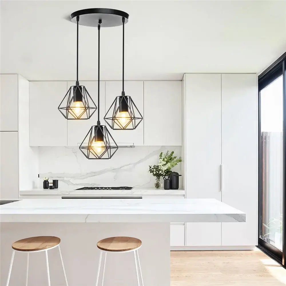 Geometric black decorbites iron 3-light chandelier pendant with warm bulbs hanging from circular ceiling fixture