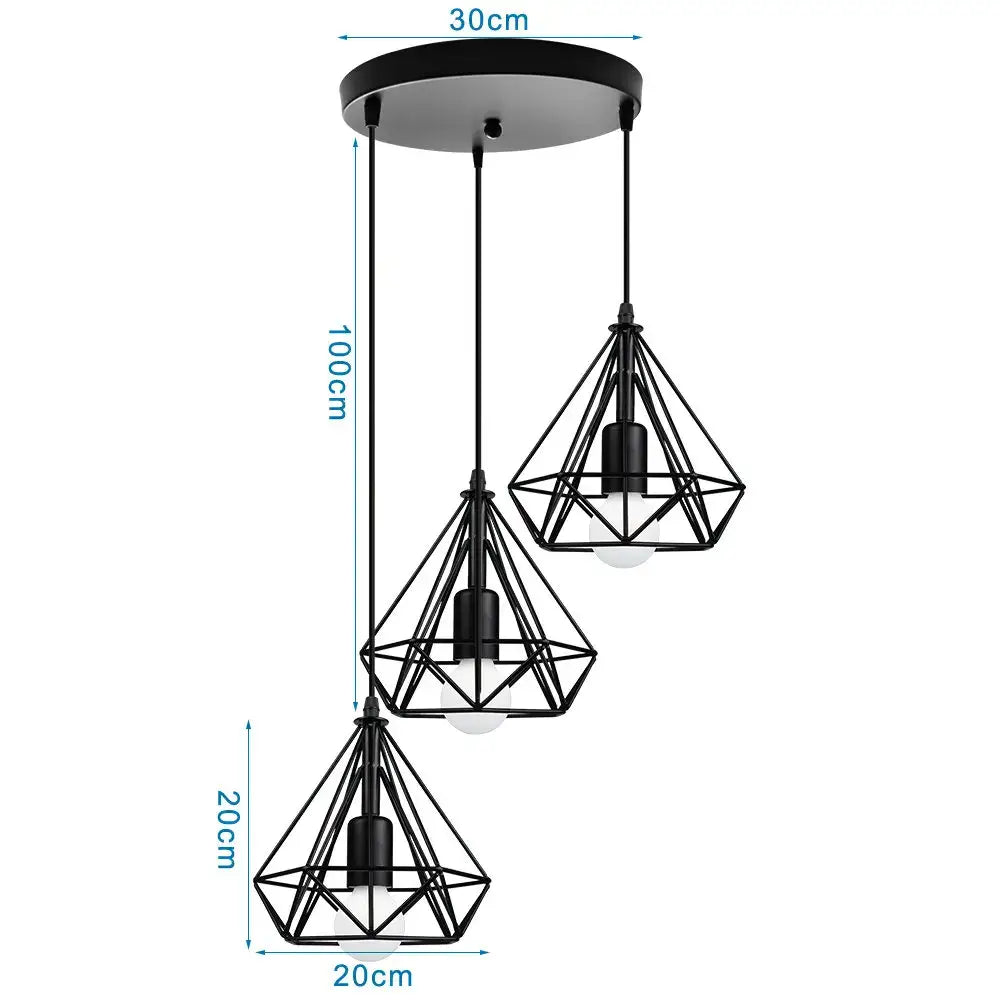 Black metal decorbites iron 3-light chandelier pendant with three diamond-shaped shades for kitchen decor