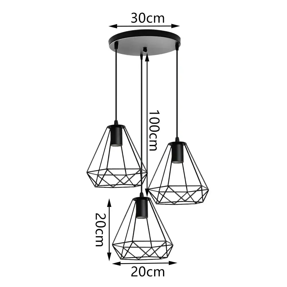 Geometric black decorbites iron chandelier pendant with three diamond-shaped shades for kitchen lighting