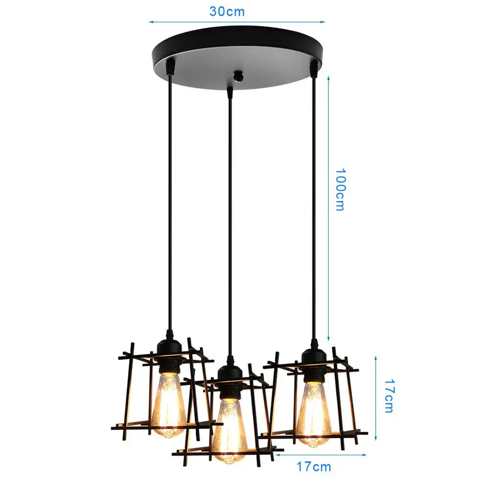 Black industrial-style decorbites iron 3-light chandelier pendant with geometric metal cages for kitchen lighting