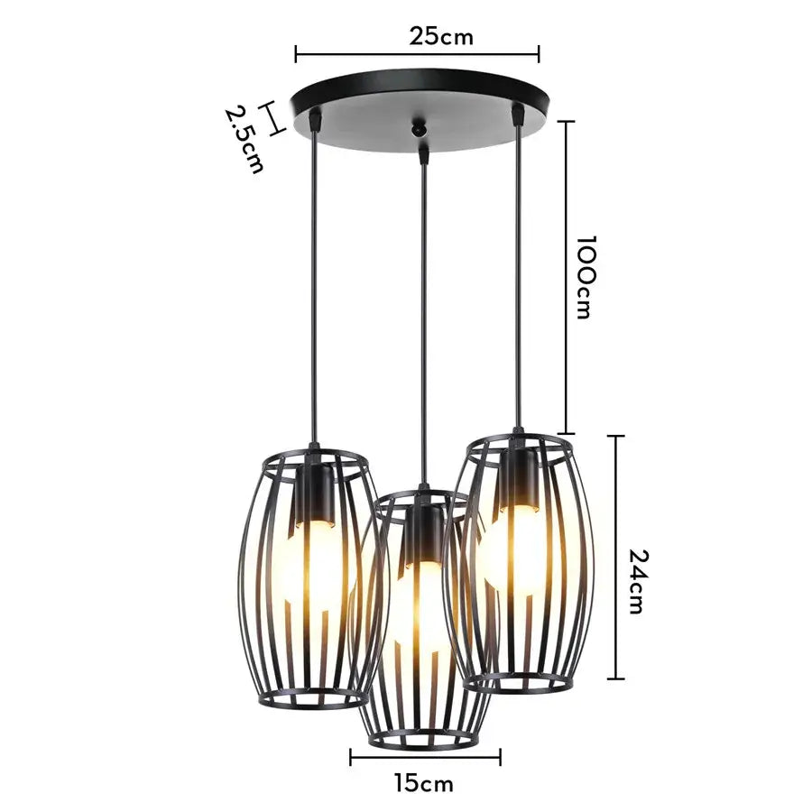 Geometric black decorbites iron 3-light chandelier pendant with three cylindrical cage shades for kitchen lighting