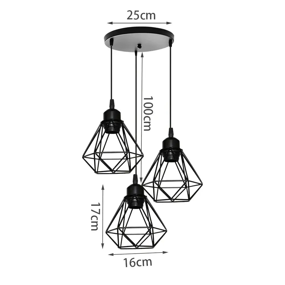 Geometric black decorbites iron 3-light chandelier pendant with three diamond-shaped shades for kitchen lighting