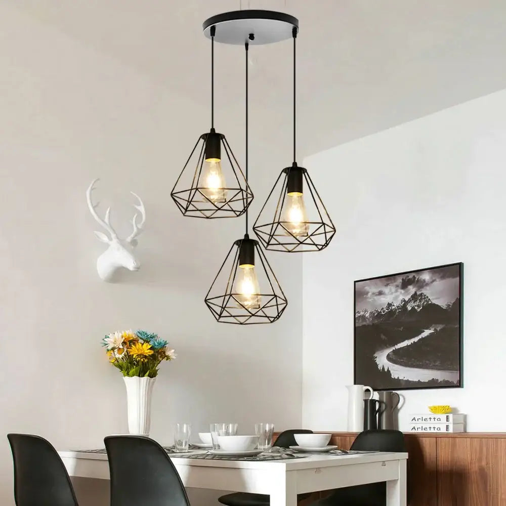 Geometric black decorbites iron 3-light chandelier pendant with exposed filament bulbs for kitchen lighting