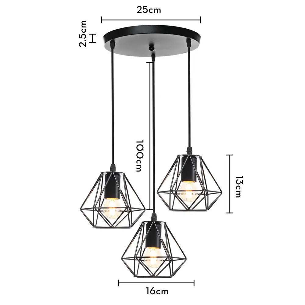 Geometric black decorbites iron 3-light chandelier pendant with three diamond-shaped shades for kitchen lighting