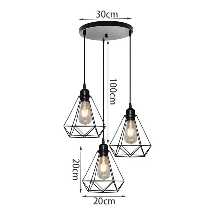 Geometric black decorbites iron 3-light chandelier pendant with exposed bulbs for modern kitchen lighting