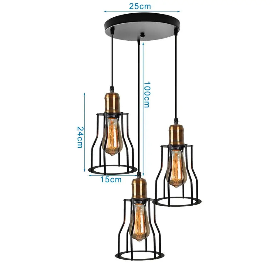 Geometric black decorbites iron 3-light chandelier pendant with three exposed Edison bulbs in metal wire cages