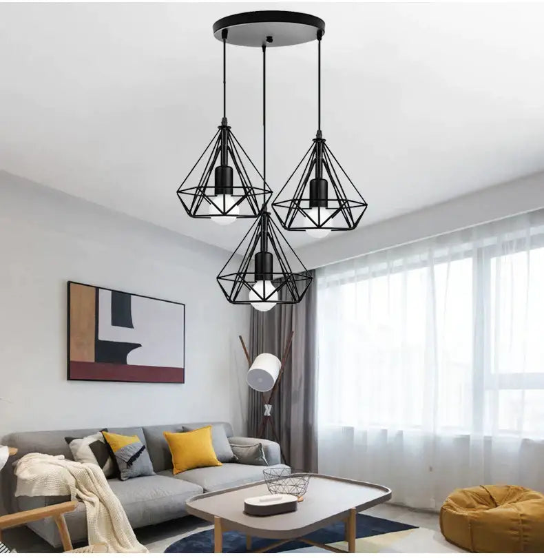 Black decorbites iron 3-light chandelier pendant with three hanging diamond-shaped geometric cages for kitchen use