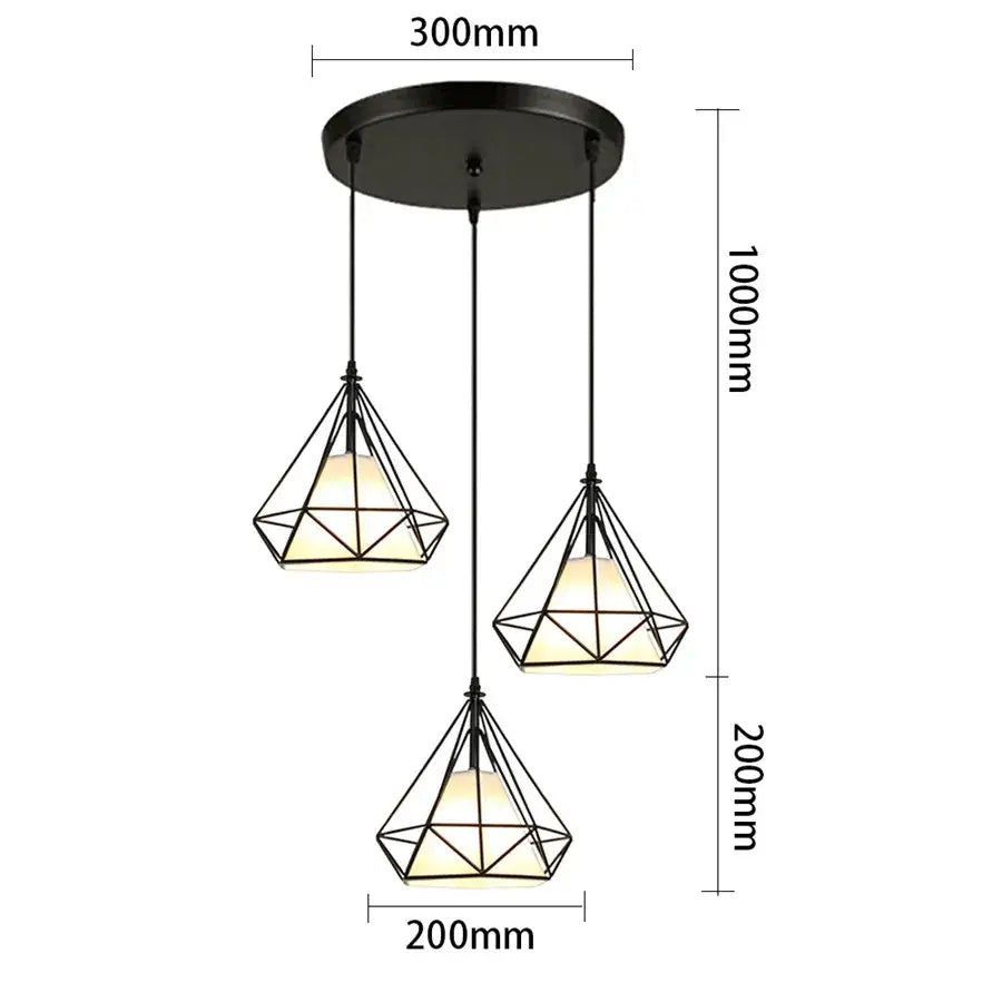 Geometric black decorbites iron 3-light chandelier pendant with three diamond-shaped shades for kitchen decor