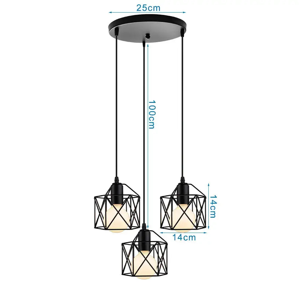 Geometric black decorbites iron 3-light chandelier pendant with three cube-shaped shades for kitchen lighting
