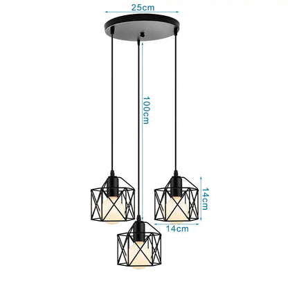Geometric black decorbites iron 3-light chandelier pendant with three cube-shaped shades for kitchen lighting